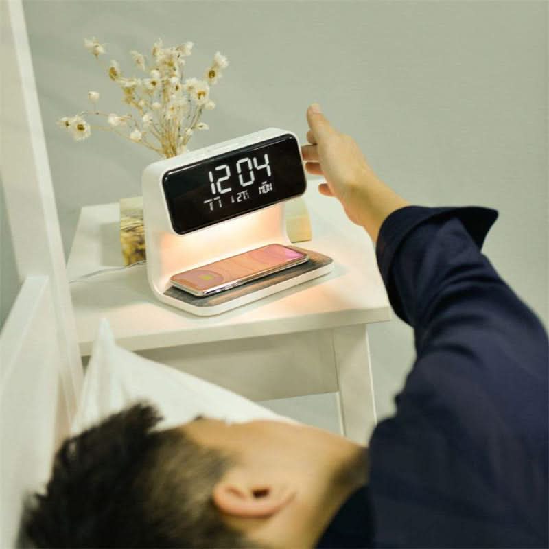 LumaNova Clear LCD Alarm Clock With Dimming Bedside Lamp And Wireless Fast Charging