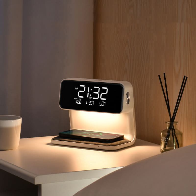 LumaNova Clear LCD Alarm Clock With Dimming Bedside Lamp And Wireless Fast Charging