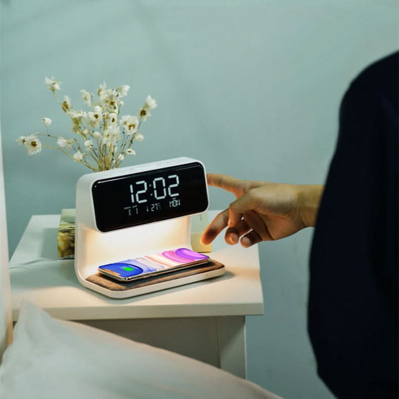 LumaNova Clear LCD Alarm Clock With Dimming Bedside Lamp And Wireless Fast Charging
